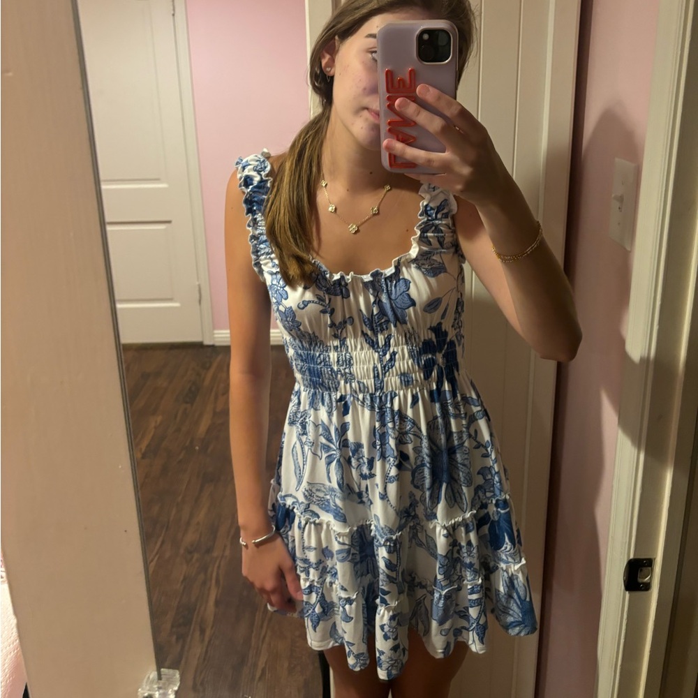 Urban Outfitters Blue and White Lizzy Smocked Floral Mini Dress